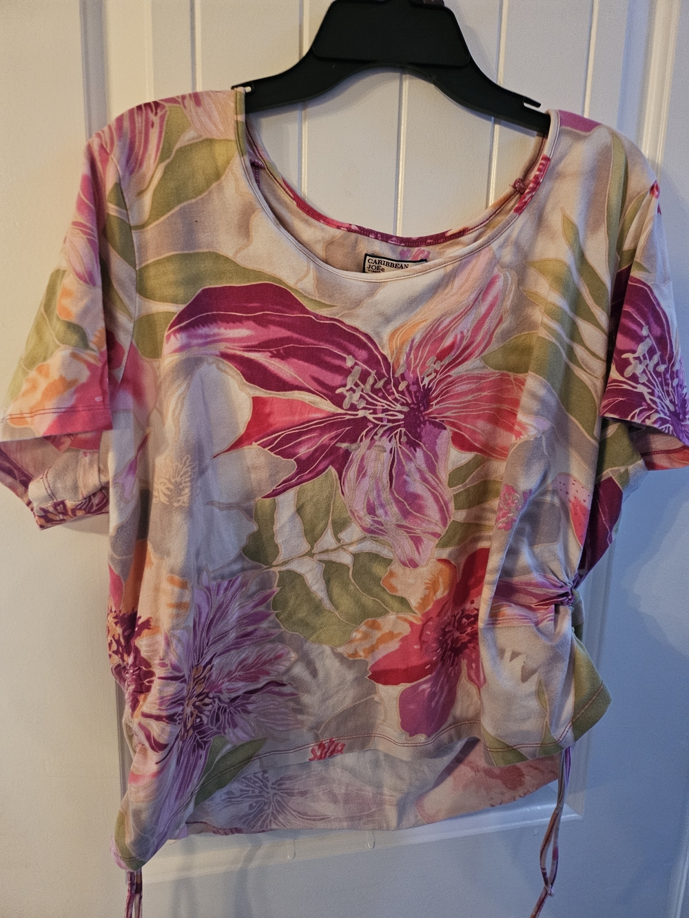 Caribbean Joe Pink Floral Short Sleeve Top with Side Tie
